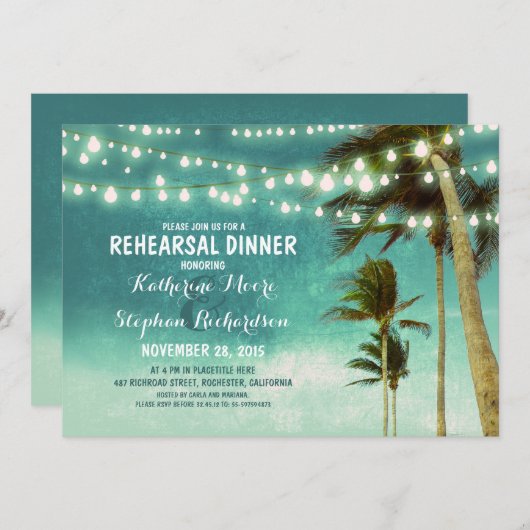 Invitation turquoise ombre plage répétition dîner lumières à (Devant / Derrière)