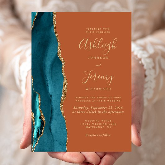 Invitation Turquoise Or Agate Brûlé Orange rouille Mariage