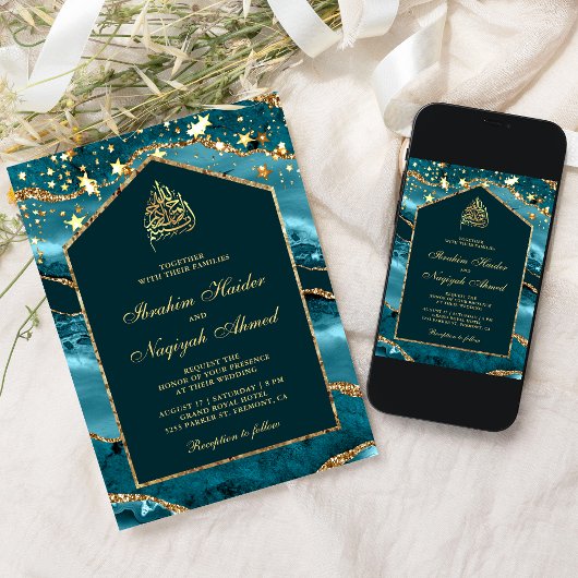 Invitation Turquoise or Agate marbre Arch Mariage musulman