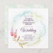 Invitation ~ Turquoise or Aquarelle Mariage floral élégant (Devant / Derrière)