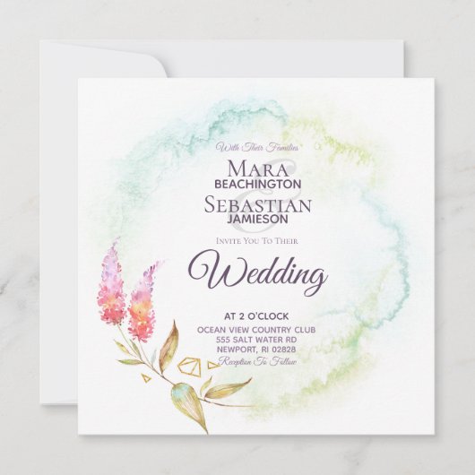 Invitation ~ Turquoise or Aquarelle Mariage floral élégant (Devant)