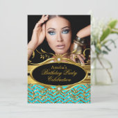 Invitation Turquoise & or Chevron Diamond Photo Anniversaire (Debout devant)