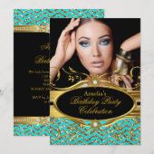 Invitation Turquoise & or Chevron Diamond Photo Anniversaire (Devant / Derrière)