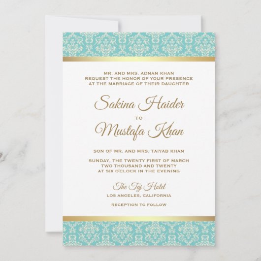 Invitation Turquoise or et lumière Damask musulman Mariage mu (Dos)