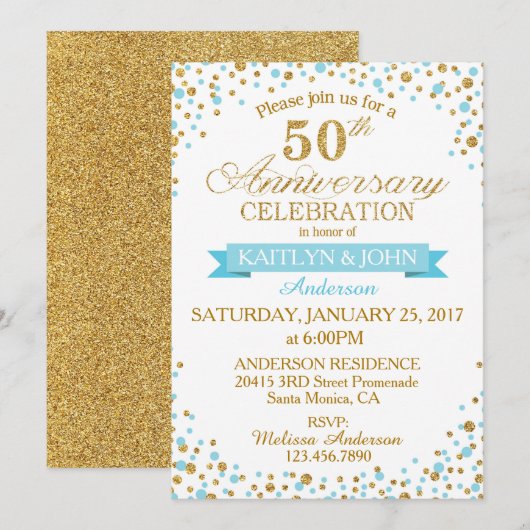 Invitation Turquoise Or Glitter Dots 50e Anniversaire (Devant / Derrière)