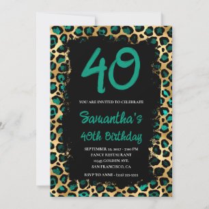 Invitation Turquoise Or Léopard Peint En Noir 40e Anniversair