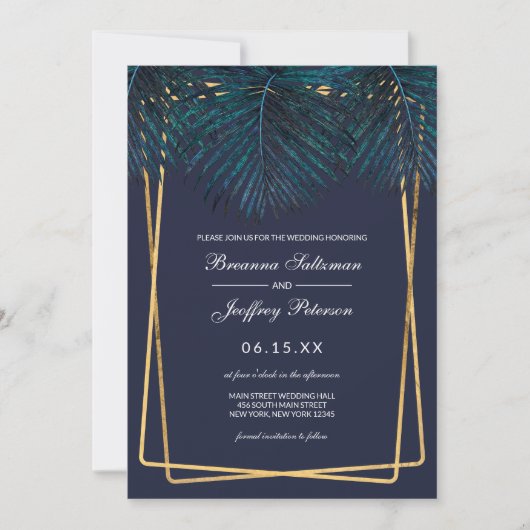 Invitation Turquoise or moderne Palm Feuilles Geo Borders Mar (Devant)