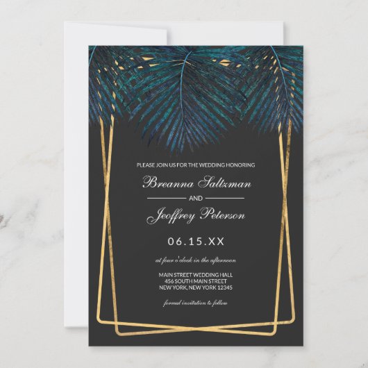 Invitation Turquoise or moderne Palm Feuilles Geo Borders Mar (Devant)