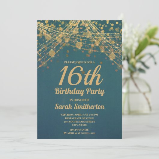 Invitation Turquoise or Parties scintillant String lumières S (Debout devant)