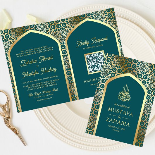 Invitation Turquoise or perse Arch QR Code Musulman Mariage