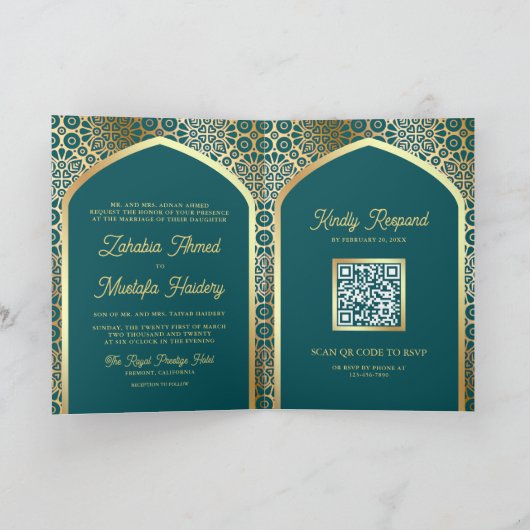 Invitation Turquoise or perse Arch QR Code Musulman Mariage (Intérieur)