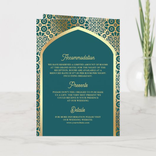 Invitation Turquoise or perse Arch QR Code Musulman Mariage (Dos)