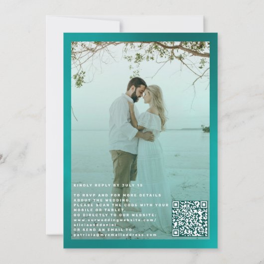 Invitation Turquoise or script photo code QR destination mari (Dos)