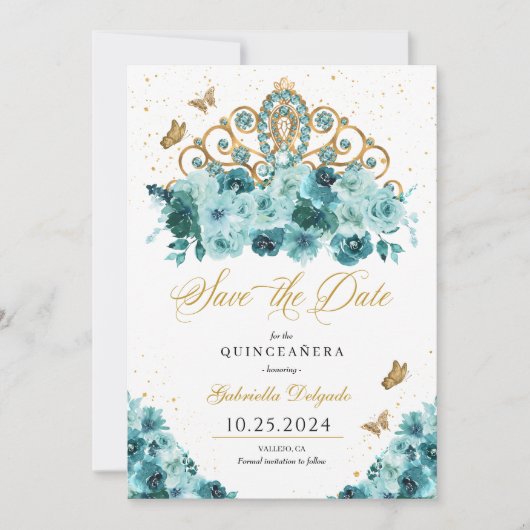 Invitation Turquoise & Or Tiara Enregistrer La Date Quinceañe (Devant)