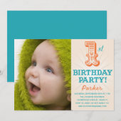 INVITATION TURQUOISE & ORANGE 1ER | PREMIER ANNIVERSAIRE INVI (Devant / Derrière)