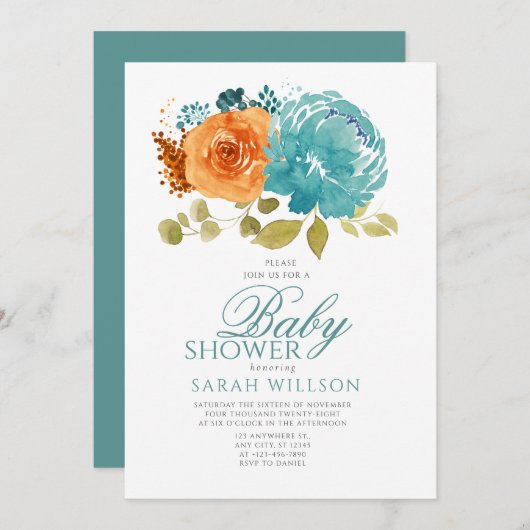 Invitation Turquoise Orange Boho FallTerracotta Baby shower F (Devant / Derrière)