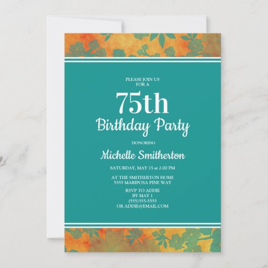 Invitation Turquoise Orange Floral 75e fête d'anniversaire (Devant)