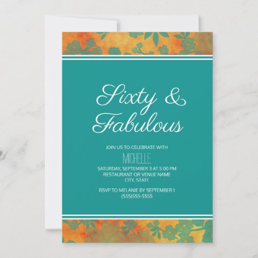 Invitation Turquoise Orange Floral Soixante Fabuleux Annivers (Devant)