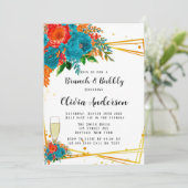 Invitation Turquoise Orange Red Florals Gold Brunch et Bubbly (Debout devant)