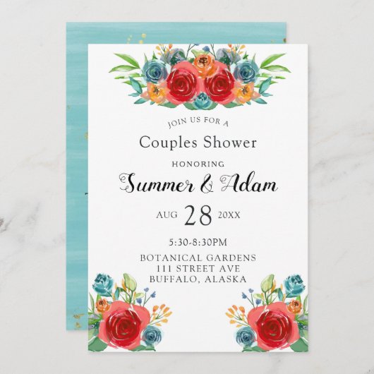 Invitation Turquoise Orange Red Florals Gold Couples Douche (Devant / Derrière)
