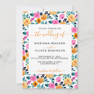 Invitation Turquoise Orange Rose Simple Floral Élégant Script