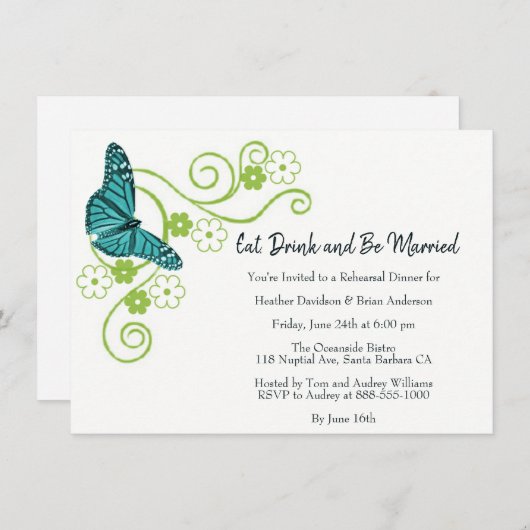 Invitation Turquoise papillon floral Dîner de répétition Invi (Devant / Derrière)