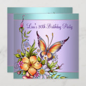 Invitation Turquoise papillon pourpre femmes 30e anniversaire (Devant / Derrière)