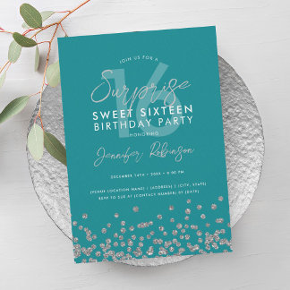 Invitation Turquoise Parties scintillant Argent Surprise Swee
