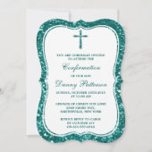 Invitation Turquoise Parties scintillant Croix Sainte Communi (Devant)