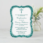 Invitation Turquoise Parties scintillant Croix Sainte Communi (Debout devant)