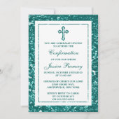 Invitation Turquoise Parties scintillant Croix Sainte Communi (Devant)