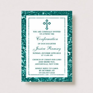 Invitation Turquoise Parties scintillant Croix Sainte Communi