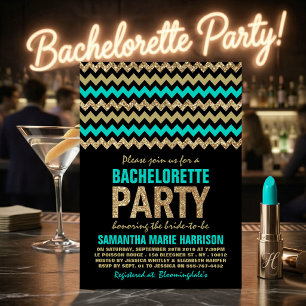 Invitation Turquoise, Parties scintillant Or Chevron Bachelor