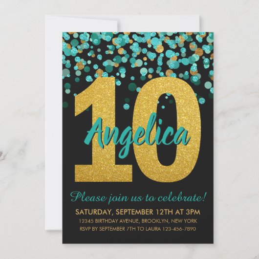 Invitation Turquoise Parties scintillant or Confetti Black 10 (Devant)