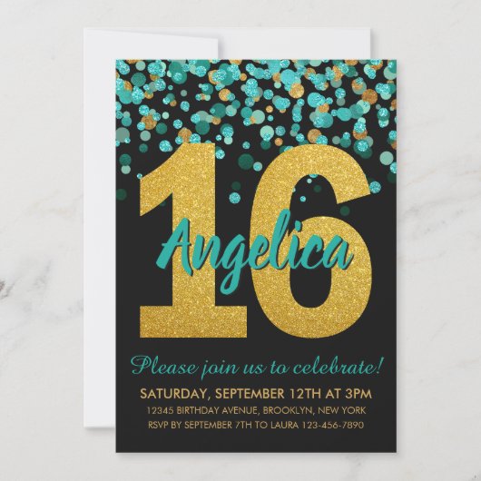 Invitation Turquoise Parties scintillant or Confetti Black Sw (Devant)