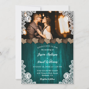 Invitation Turquoise Pays Bois Burlap Floral Dentelle Photo M