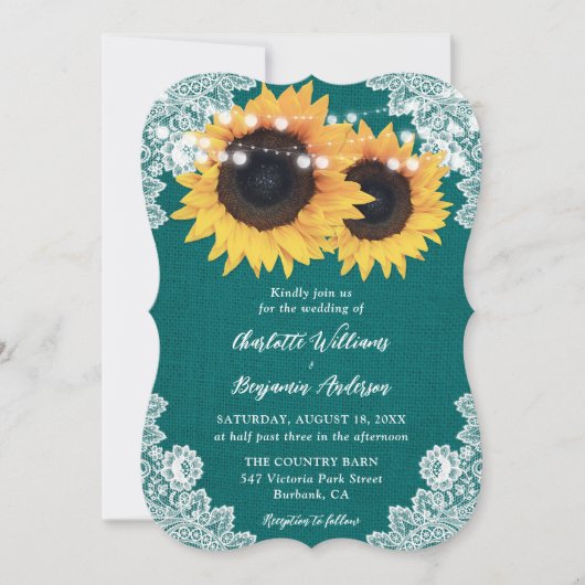 Invitation Turquoise pays Burlap Floral dentelle Mariage de t (Devant)