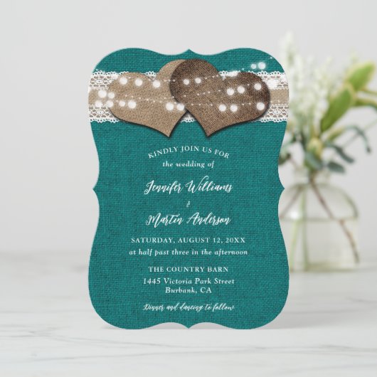 Invitation Turquoise Pays Burlap Lace String Mariage (Debout devant)