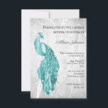 Invitation turquoise Peacock Bridal Shower<br><div class="desc">Créez un invitation unique tout seul avec une invitation Turquoise à la douche nuptiale Peacock. Le design d'invitation présente un paon élégant contre un feuillage délicat et un arrière - plan grunge. Personnalisez avec le nom de la mariée avec les détails de la douche de la mariée. Papier à lettres...</div>