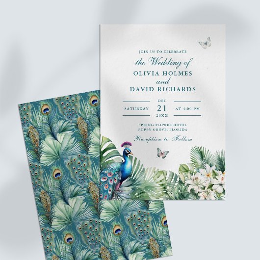 Invitation Turquoise Peacock Fleurs tropicales Mariage papill