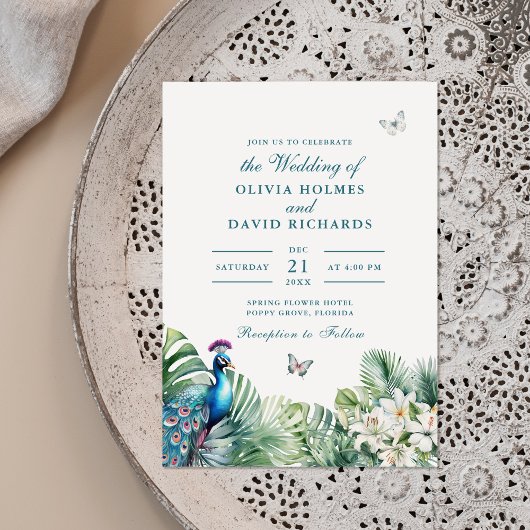Invitation Turquoise Peacock Fleurs tropicales Mariage papill
