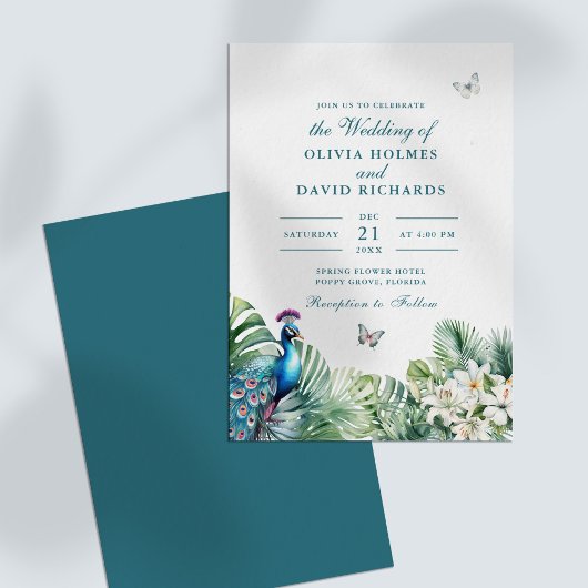 Invitation Turquoise Peacock Fleurs tropicales Mariage papill