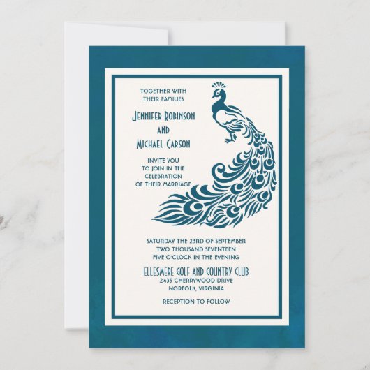Invitation Turquoise Peacock l Bold Design Art déco élégant (Devant)