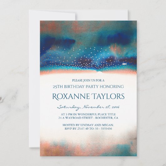 Invitation Turquoise & Pêche Aquarelle moderne fête d'anniver (Devant)