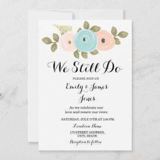 Invitation Turquoise Pêche Floral Mariage Anniversaire Renouv (Devant)