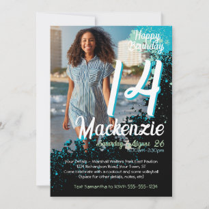 Invitation Turquoise peinture Splatter Photo 14e anniversaire