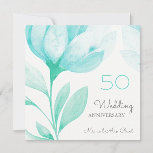 Invitation Turquoise Peonies Mariage Anniversaire 50 ans (Devant)
