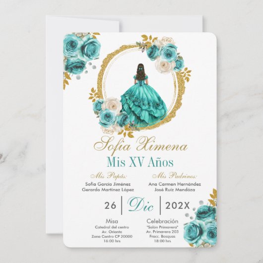 Invitation Turquoise pour Quinceañera (Devant)
