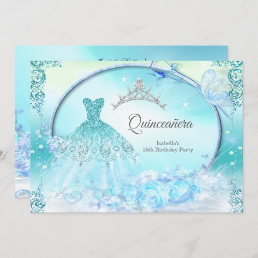 Invitation Turquoise princesse Quinceanera Robe magique (Devant / Derrière)
