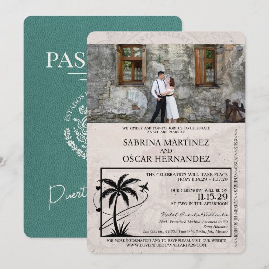 Invitation Turquoise Puerta Vallarta Mariage de passeport (Devant / Derrière)